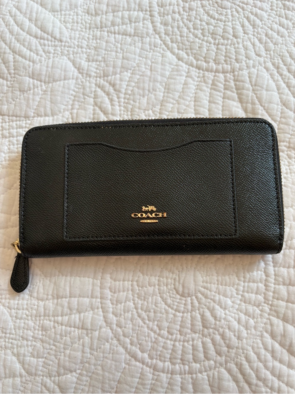 Coach Black Zip-Around Leather Wallet with Gold Logo
